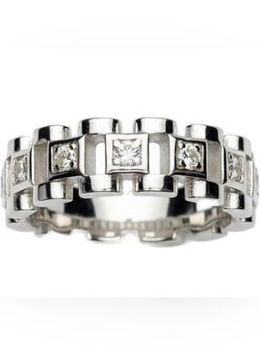 Moissanite And Sterling Silver Watchband Style Jubilee Link Band Ring Sz 7